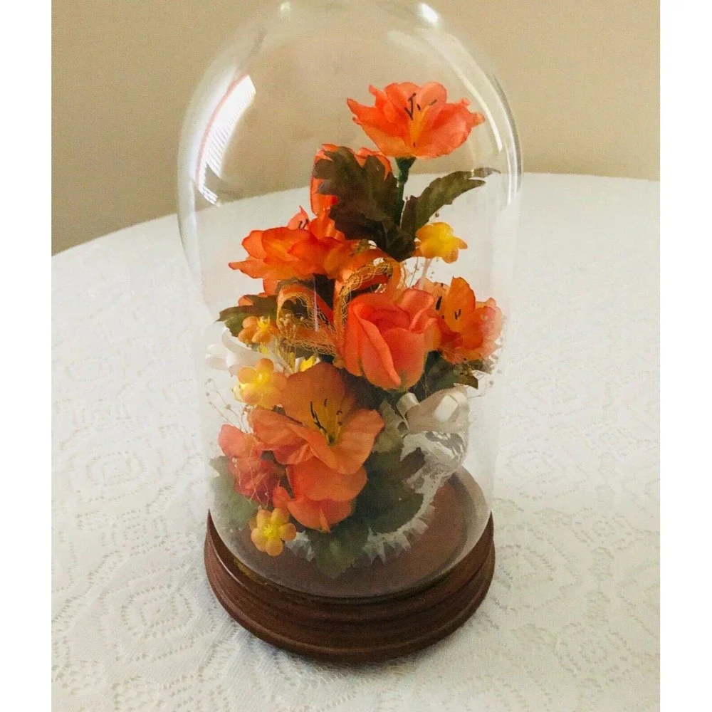 Vtg Silk Orange Roses Lace Ribbon Footed Wooden Glass Dome Conche 12